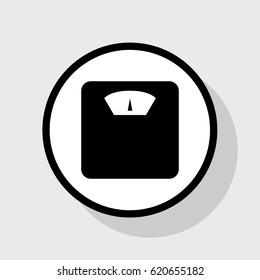 Bathroom scale sign. Vector. Flat black icon in white circle with shadow at gray background.