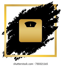 Bathroom scale sign. Vector. Golden icon at black spot inside golden frame on white background.