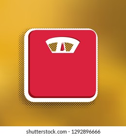 Bathroom scale sign. Vector. Magenta icon with darker shadow, white sticker and black popart shadow on golden background.