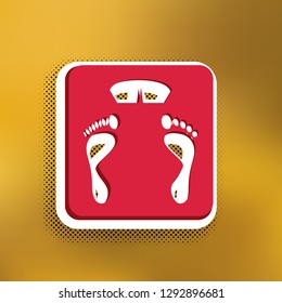 Bathroom scale sign. Vector. Magenta icon with darker shadow, white sticker and black popart shadow on golden background.