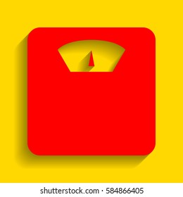 Bathroom scale sign. Vector. Red icon with soft shadow on golden background.