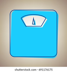 Bathroom scale sign. Vector. Sky blue icon with defected blue contour on beige background.