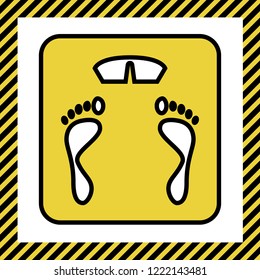 Bathroom scale sign. Vector. Warm yellow icon with black contour in frame named as under construction at white background. Isolated.