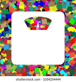 Bathroom scale sign. Vector. White icon on colorful background with seamless pattern from squares.