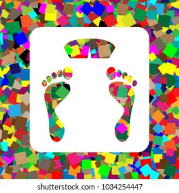 Bathroom scale sign. Vector. White icon on colorful background with seamless pattern from squares.