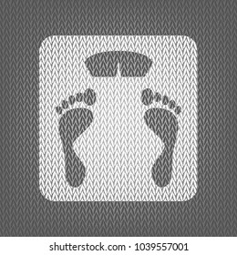 Bathroom scale sign. Vector. White knitted icon on gray knitted background. Isolated.