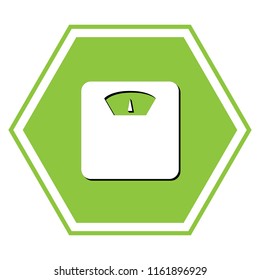 Bathroom scale sign. Vector. White icon with black shadow at yellow green honeycomb on white background.