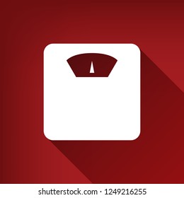 Bathroom scale sign. Vector. White icon with limitless shadow at ruby red background.