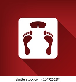 Bathroom scale sign. Vector. White icon with limitless shadow at ruby red background.