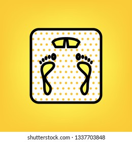 Bathroom scale sign. Vector. Yellow polka dot white icon with black contour at warm yellow background.