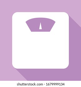 Señal de báscula del baño. Icono blanco con una larga sombra en fondo morado.  Ilustración.