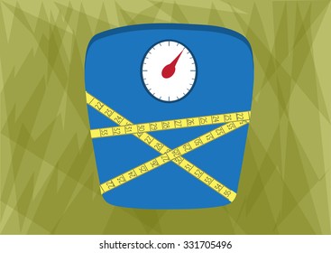 Bathroom scale with yellow measuring tape on green background