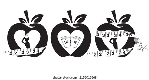 Bathroom scales, Black Apples and centimeters to measure on a white background. Weight loss, healthy lifestyle, diet, proper nutrition. Diet Woman. Diet Apple.