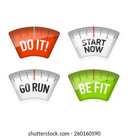 Bathroom scales displaying Do It, Start Now, Go Run and Be Fit messages.