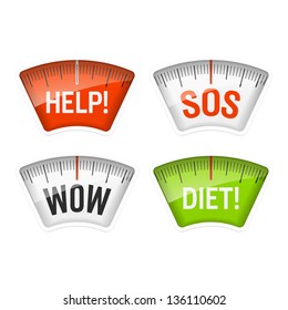 Bathroom scales displaying Help, SOS, Wow and Diet messages. Vector.