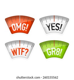 Bathroom scales displaying OMG, YES, WTF and GR8 messages, acronyms. Vector.