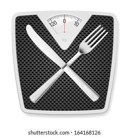 Bathroom scales with fork and knife as concept of diet and overweight.