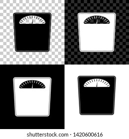 Bathroom scales icon isolated on black, white and transparent background. Weight measure Equipment. Weight Scale fitness sport concept. Vector Illustration