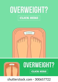 Bathroom scales with legs. Overweight banner design. 
