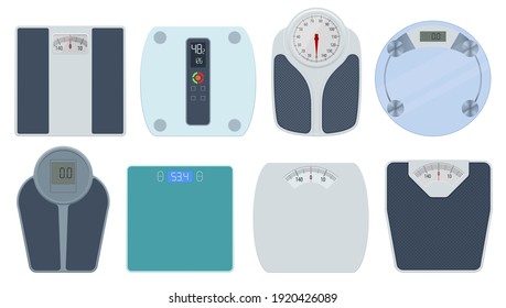 Bathroom scales on white background, top view. Weight loss, healthy lifestyles, diet, proper nutrition. svg