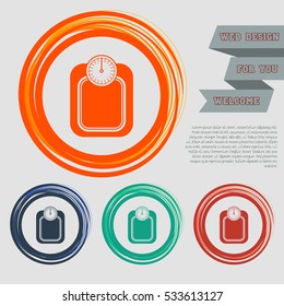 bathroom scales weighing calorie kilos kilogram icon on the red, blue, green, orange buttons for your website and design with space text. Vector illustration