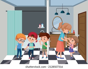 Bathroom Scene With Family Members Cartoon Character Illustration