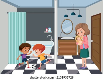 Bathroom Scene With Family Members Cartoon Character Illustration