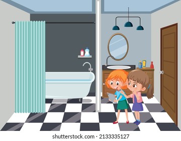 Bathroom Scene With Family Members Cartoon Character Illustration