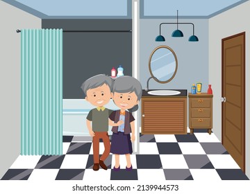 Bathroom Scene With Family Members Cartoon Character Illustration