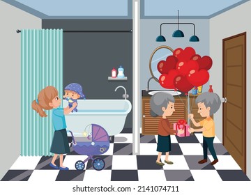 Bathroom Scene With Family Members Cartoon Character Illustration