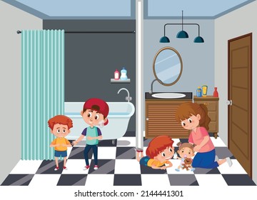 Bathroom Scene With Family Members Cartoon Character Illustration