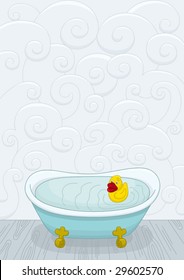 Bathroom scene with yellow rubber duck in the bathtub.