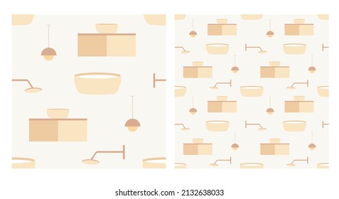 Bathroom seamless pattern. Bathtub, sink, shower bath and lamp hand drawn illustration. Vector for fabric, clothes, background, wallpaper, print, packaging, card, decoration or other uses.