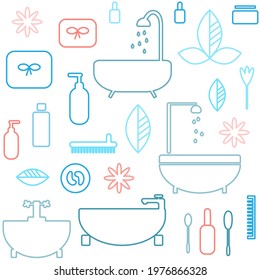 Bathroom seamless pattern with lines of beauty and hygiene items. Vector print illustration on white background.