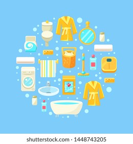 Bathroom Seamless Pattern of Round Shape, Bathroom Interior Elements, Toilet Supplies, Cosmetics Vector Illustration