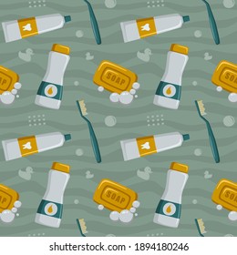 Bathroom Seamless Pattern with Toothbrush, Toothpaste, Soap, and Shampoo. You can use this design to create poster, tshirt, pillow, tote bag, pouch, phone case, etc.