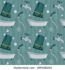Bathroom Seamless Pattern with Towel, Shower, Faucet, and Bathtub. You can use this design to create poster, tshirt, pillow, tote bag, pouch, phone case, etc.