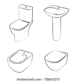 Bathroom set - bidet, compact, washbasin, console, isolated on white background