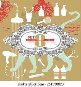 Bathroom set for design. Collection of hand - drawn nursery related objects on background.