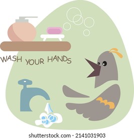 bathroom set flat for childish. Vector illustration. Funny bird. Vector illustration. Isolated on white background