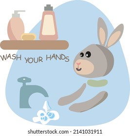 bathroom set flat for childish. Vector illustration. Funny bunny. Vector illustration. Isolated on white background