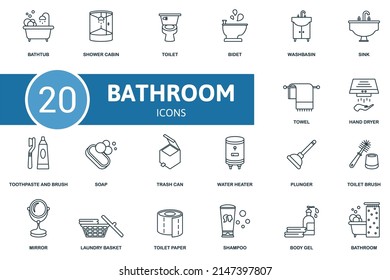 Bathroom set icon. Contains bathroom illustrations such as shower cabin, bidet, sink and more.