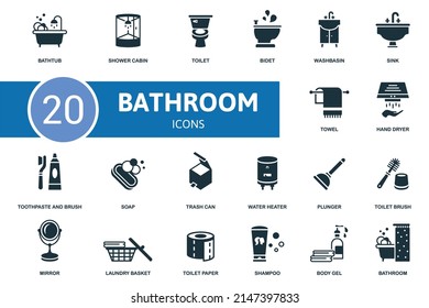 Icono de juego de baño. Contiene ilustraciones de baño como cabina de ducha, bidé, lavabo y mucho más.