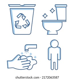 Bathroom set icon. Contains such icons as rubbish bin, toilet, washing hands, People. Two tone icon style. Simple design editable