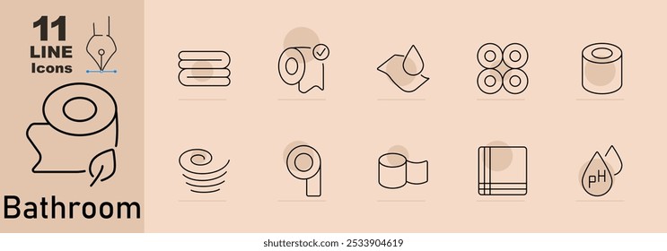 Bathroom set icon. Towel stack, toilet paper roll with checkmark, wet wipes, double toilet paper rolls, toilet paper, swirl, unrolled toilet paper, towel, pH drop