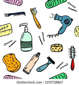 Bathroom set on white. Washing, bathing, cleanliness seamless pattern. Doodle cartoon style background.