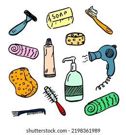 Bathroom set on white. Washing, bathing, cleanliness collection. Doodle cartoon style background.