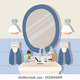 bathroom with set of skincare products vector illustration design