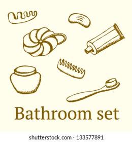 Bathroom set with soap, teeth brush, comb, teeth paste, cream bottle and sponge. Monochromatic