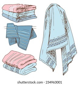 Bathroom set: towels. Vector illustration in sketch style.